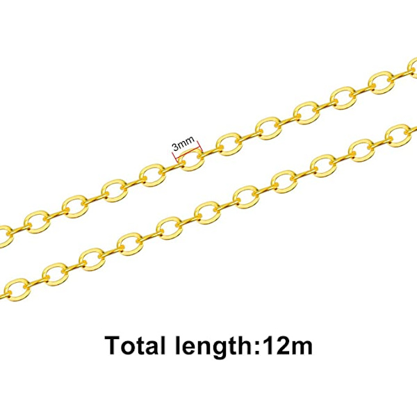 12m Chaine Bijoux Creation 2*3mm Halsbandskedja i rostfritt stål med 100 hoppringar och 30 hummerlås för smyckestillverkning, silver och guld (guld)