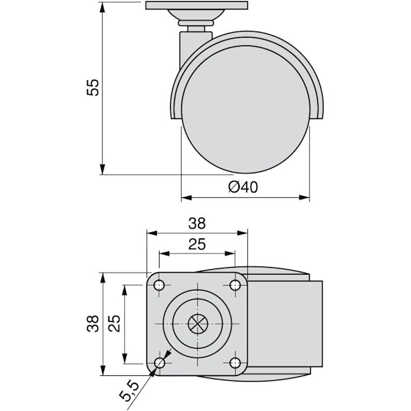 Set med 4 svarta svängbara möbelhjul utan broms, diameter 40 mm