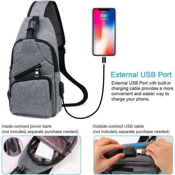 Axelväska för män, bröstväska med USB laddning och hörlurar