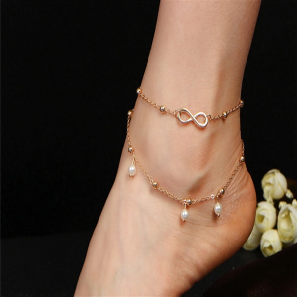 1 st (guld) Dubbel Anklet Silver Bead Anklet Armband Pärlor Chai