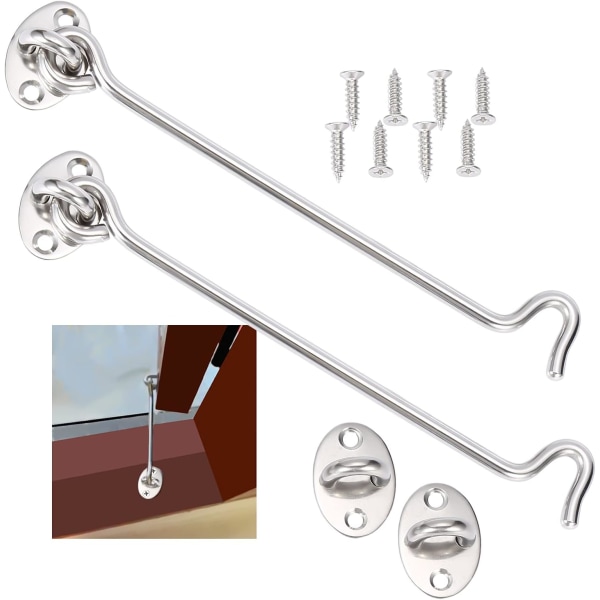 2 stugkrokar, dörrlås krok, silver rostfritt stål dörrkrok lås, med monteringsskruvar, för fönster, ladugårdsdörr, skjul dörr, garage dörr (20 cm)