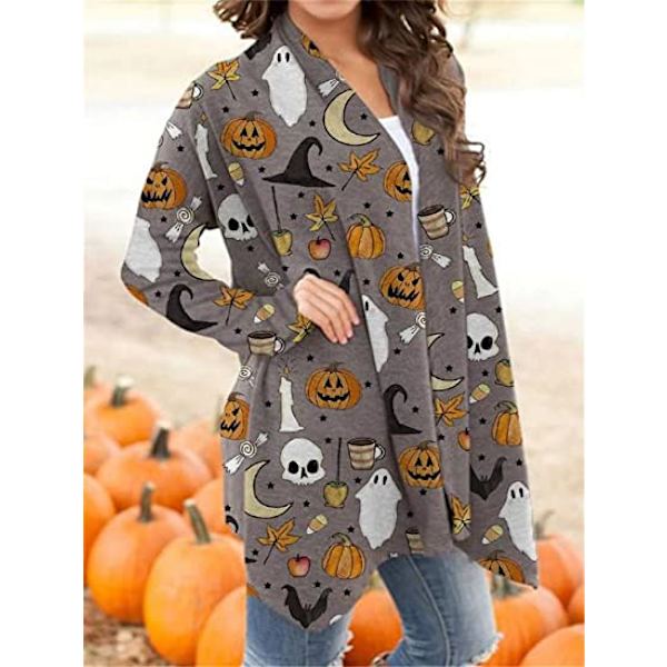 Halloween-katt-pumpa-kofta för kvinnor, långärmad, öppen framtill