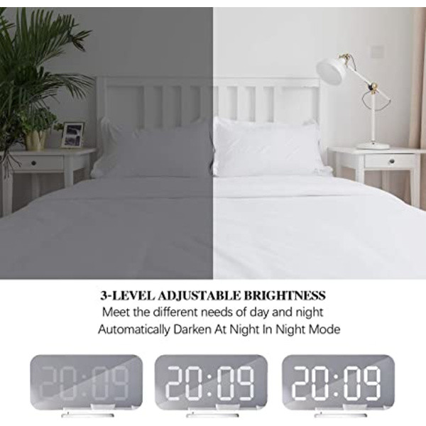 (Vit) Digital väckarklocka, stor speglad LED-klocka, snooze, dim N