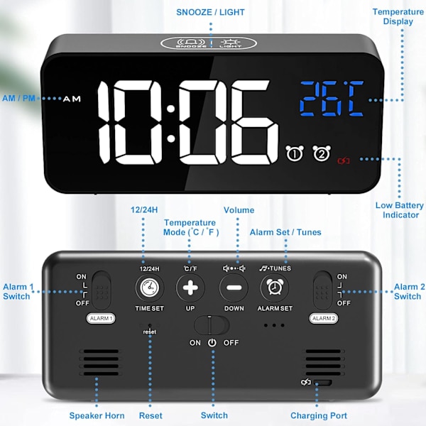 Svart-Digital Alarm Clock, LED Digital Clock Digital Morning Alarm Clock med Temperatur/Snooze/2 Alarm/12/24 Timer/USB Ladeport/10 Musikk
