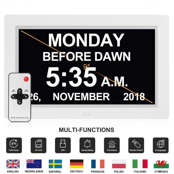Digitaalinen kalenteripäiväkellon runko (9 tuumaa valkoinen) - automaattinen himmennys