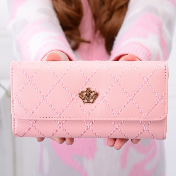 Rosa plånbok kvinna lång plånbok 3-vikt kardborrband Love Crown