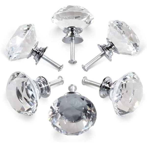 6 kristallhandtag, 30 mm diamantkristalllåda Dörrhandtag