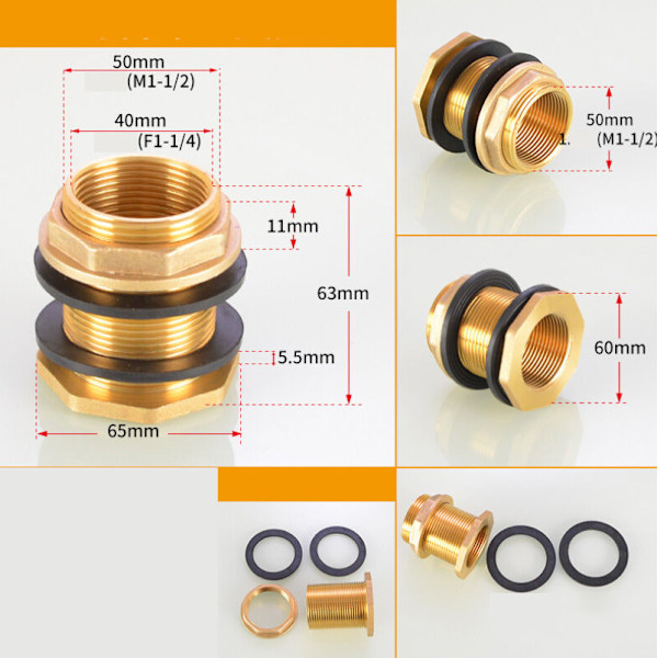 2 stk DN40 messing vanntank vannledning rørtilbehør adapter kran