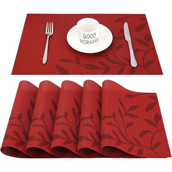 Set of 6 Placemats (Red Leaf) PVC Non-Slip Washable Heat Resista