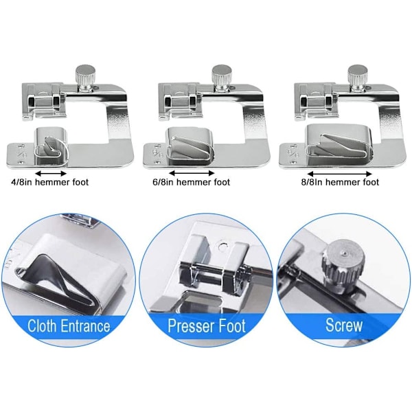 6 symaskinspressarsats, 3 smala rullade fållsymaskinspressarfötter (3/4/6 mm), 3 rullade fållpressarfötter symaskinspressarfötter fållfotset (4/8, 6/8, 8/8 tum) för hushåll
