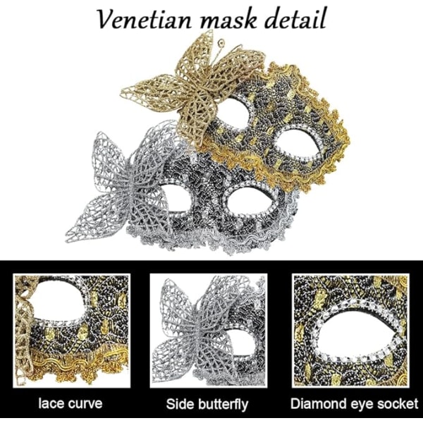 2 delar sexig fjärilsögonmask, spetsmask, metall karnevalsmask