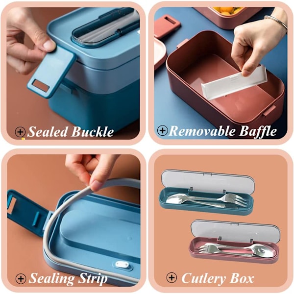 Pinkki - 1600ML bento-laatikko aterimilla, vuotamaton bento-laatikko, puku
