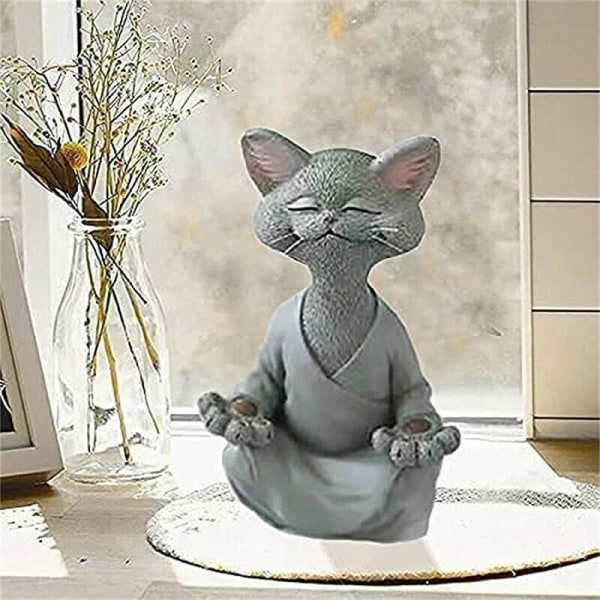 (12x12x18cm-Harmaa) Kissa Buddha -patsas - Onnellinen kissa Buddha, Kissa Buddha meditaatiokissa -patsas Puutarhan veistos Ulkokoristelu, Jooga Buddha meditaatiokissa, Ulkoilmanurmikon koristelu