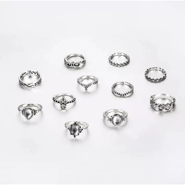 11 pakkauksen hopea-, Boho-hopeasormukset - valkoiset strassit ja erilaiset S