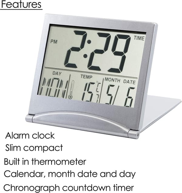 Sort LCD digitalt alarmur, temperatur, foldbart bordur