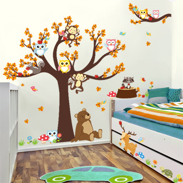 Cute Animal Big Tree Avtagbar självhäftande väggdekal (30x90