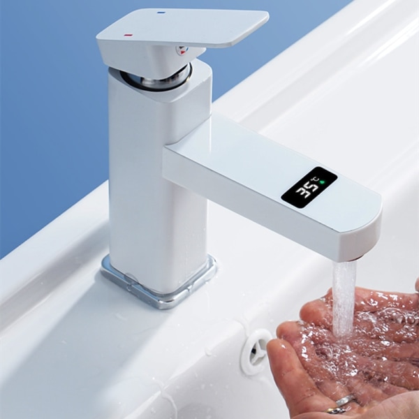 Hvid Touch LED Digital Temperatur Display Håndvask Armatur Varm