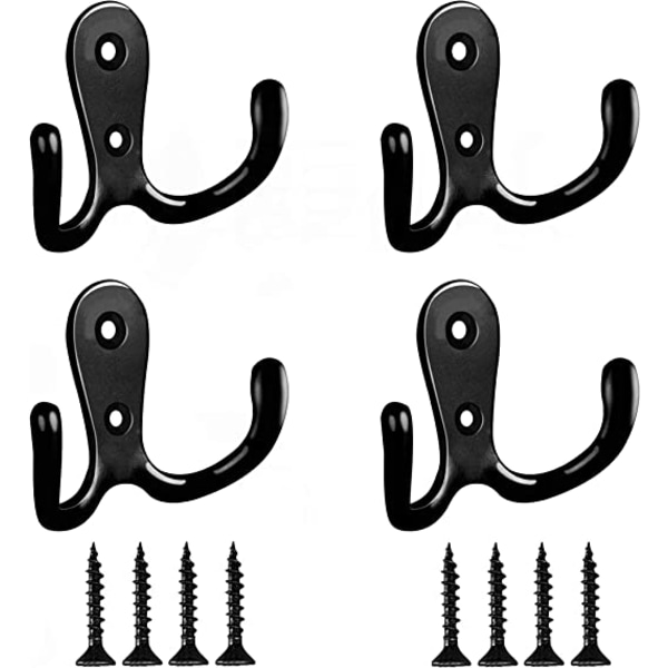 4 double pronged robe hooks (black), double coat hooks, door hoo