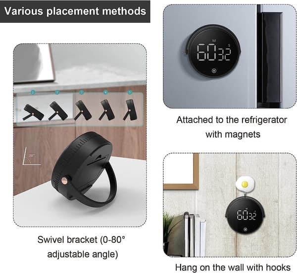 Kjøkken Timer, Digital Magnetisk Timer med LCD-skjerm og 3 Adj