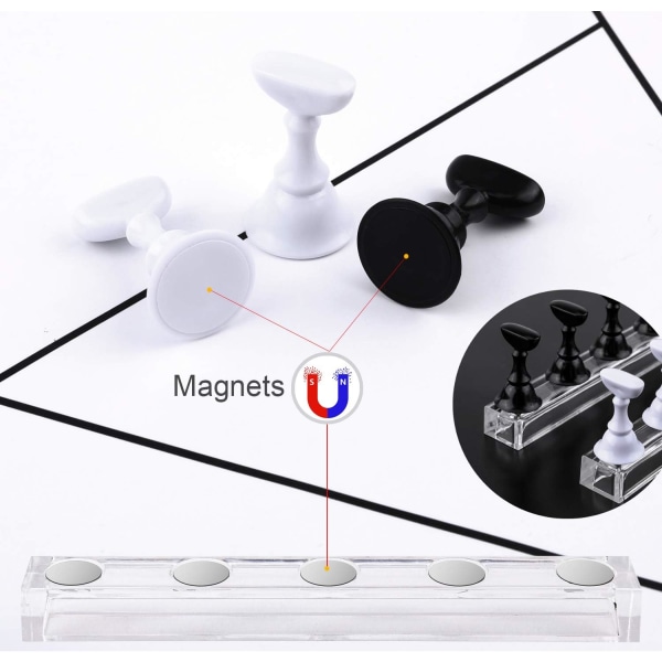 (Sort + Hvid) Magnetisk Falske Negleholder, Praktisk Akryl Neglekunst Øvelsesdisplay Stativ, Tipsholder til Neglesaloner