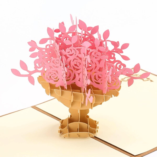 3D vaaleanpunainen ruusukimppu elegantissa maljakossa 15*15cm onnittelukortit - Ha