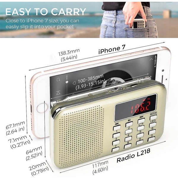 Mini portabel radio fickradio med led ficklampa, digita