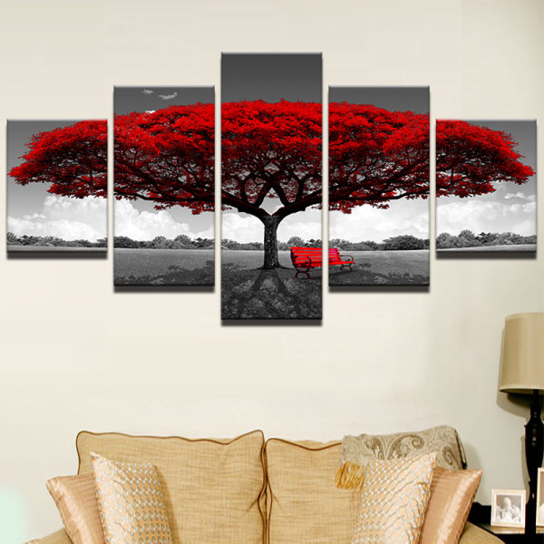 5-osainen seinämaalaus - iso punainen puu, kuitukangaskoriste
