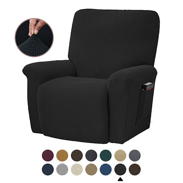 Stretch Recliner Fåtöljöverdrag, 4-Delar Mjuk Soffaöverdrag med Fickor (Svart)