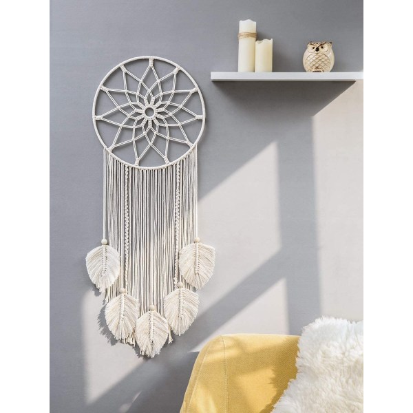 Stor drømmefanger Macrame Boho vægophæng Dekoration vævet fjer