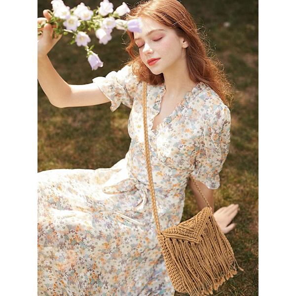 Sommerstrand Skulder Bag, Vevd Bohemian Bag for Kvinner med Pom