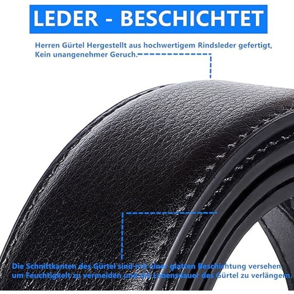Herrbälte Läder Spänne Bälte för Män 110-130cm Bred Svart Automatisk Spänne Bälte