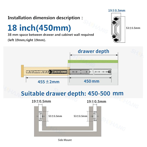 1 Pari 450mm Raskaan Vetolaatikon Liukukisko Vaimentimella Vetolaatikon Liukukisko 120kg Kuormankantokyky Kuulalaakeri 450mm