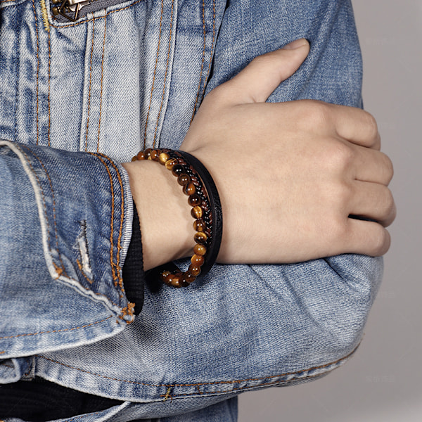 Herrarmband, (Gul Tigeröga Sten) Herr Läderarmband