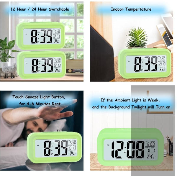 (Grön) LCD Digital Väckarklocka, Smart Digital Väckarklocka med T