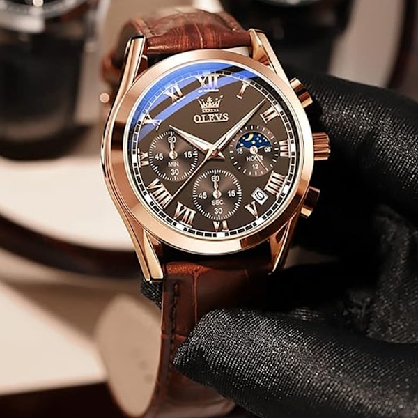 Herrar Chronograph Brun Läder Klocka Guld Case Analog Kvarts Mode Business Klänning Stor Urtavla Klocka Män Dag