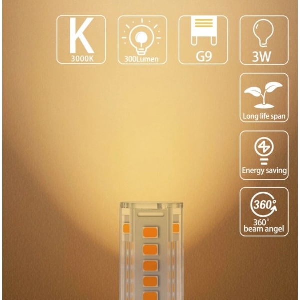 10 stk G9 LED-pærer Varmhvit, 3W, 300LM, 3000K, Erstatning