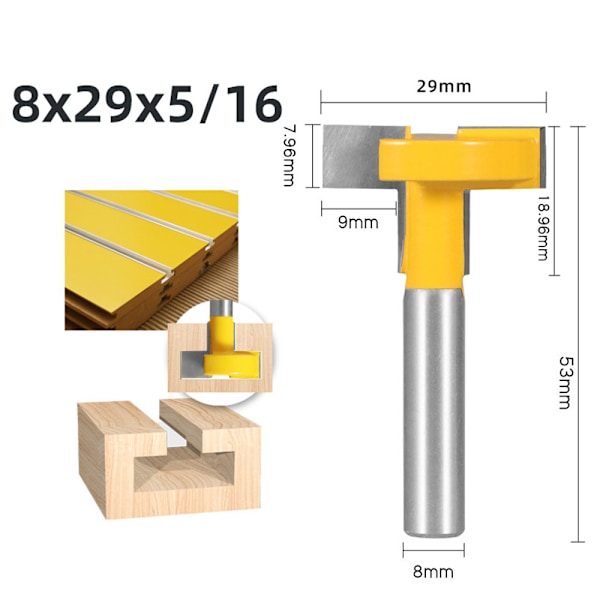 3-pak T-spor fræser med 8 mm T-formet not, gule skæreblad A