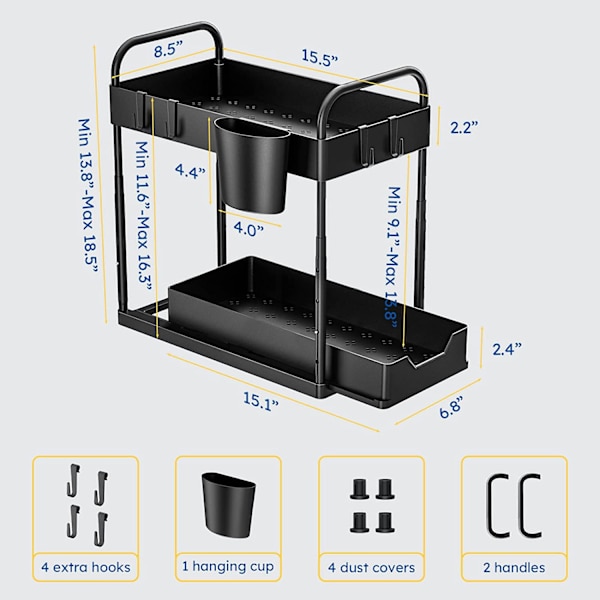 Undersink Oppbevaring 2 Nivåer, Skyvbar Undersink Organizer Hylle Skuff Dr