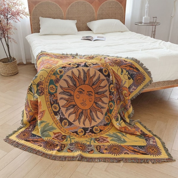 1 stk 160x130 cm strikket solpløjet tæppe dekoreret med frynser