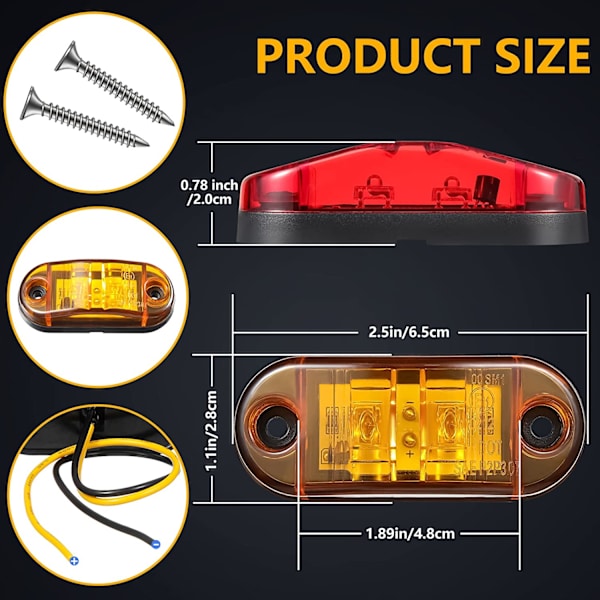 10 stk 2,5 tommers 2 diode tilhengermarkeringlys vanntett LED