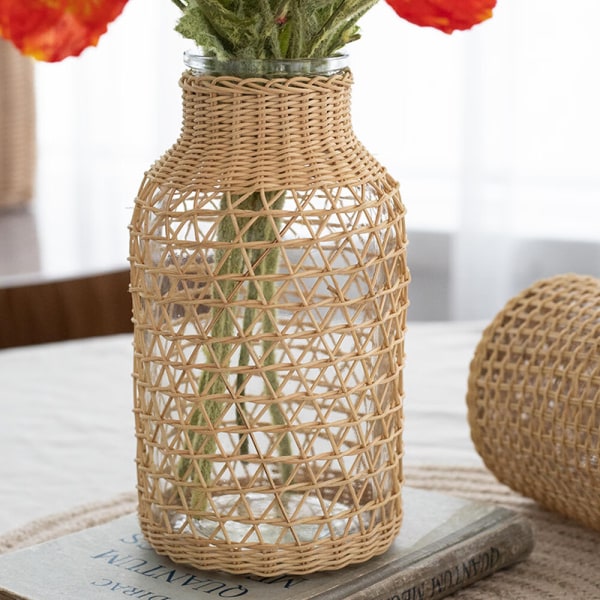 Desktop glass blomstervase med sjøgresslokk, dekorative vint