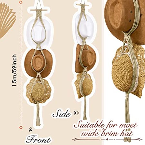 (Beige, Tre hattar stil) Makramé hatt hängare hatt hållare för vägg