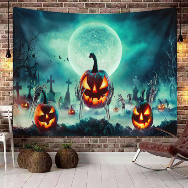 Tapestries Halloween Orange Pumpkin Full Moon Haunted Castle Sket