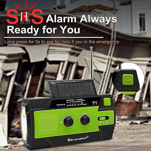 Nödradio, 4000mah väderradio med handvev solladdning, 3 växlad LED-ficklampa, sos-larm, bärbar powerbank（grön）