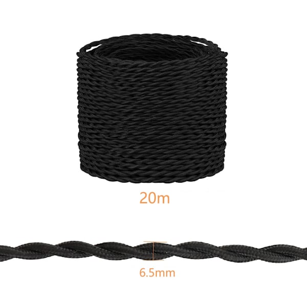 20M Textilklädd Elkabel, Textilkabel för Lampa Strömkabel Tråd, För DIY Hänglampa, Svart