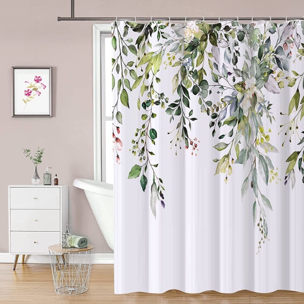 Floral Shower Curtain with 12 Hooks, Waterproof Polysilicon Showe