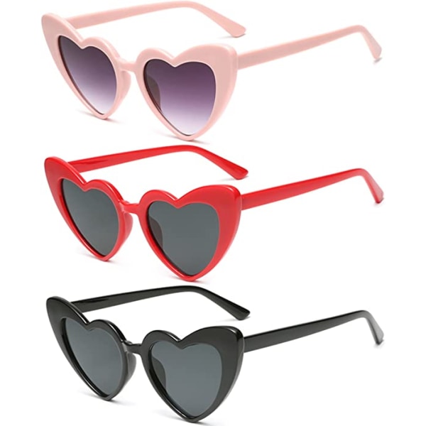 3 stycken hjärtformade solglasögon (rosa, svarta, röda) för kvinnor