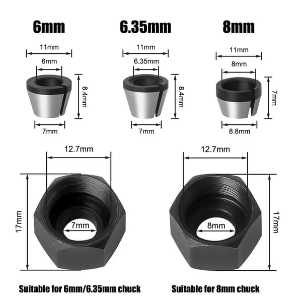 6 stk. stålchuckhode 6mm 6,35mm 8mm hodeadapterkonverter +2 mutter for bor gravering