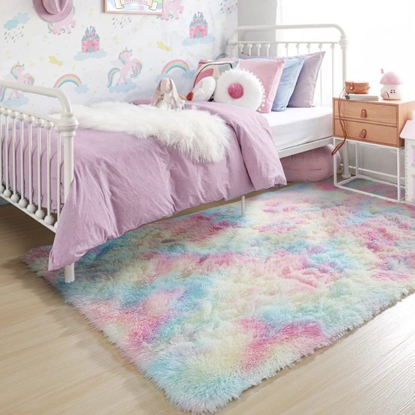 Rainbow Fluffy Rugs for Girls Soverom, Unicorn Room Decor, Pa