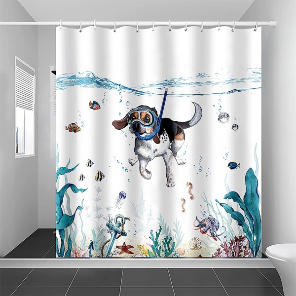 Dusjforheng Cute The Diving Dog 180x180cm Ocean Animal Print B C